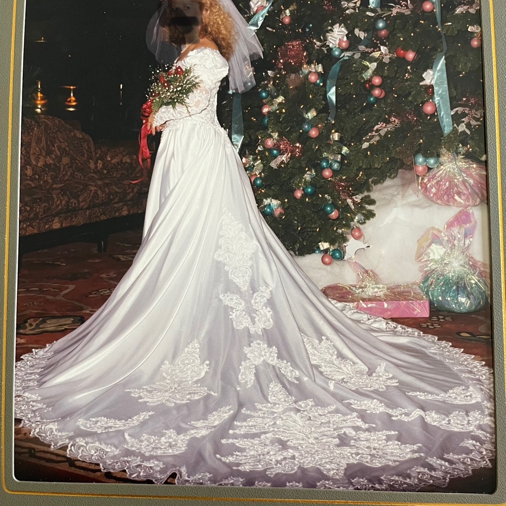 Vintage 1989 White Satin Wedding Dress Pearls, Sequins, & Lace with a Long Train